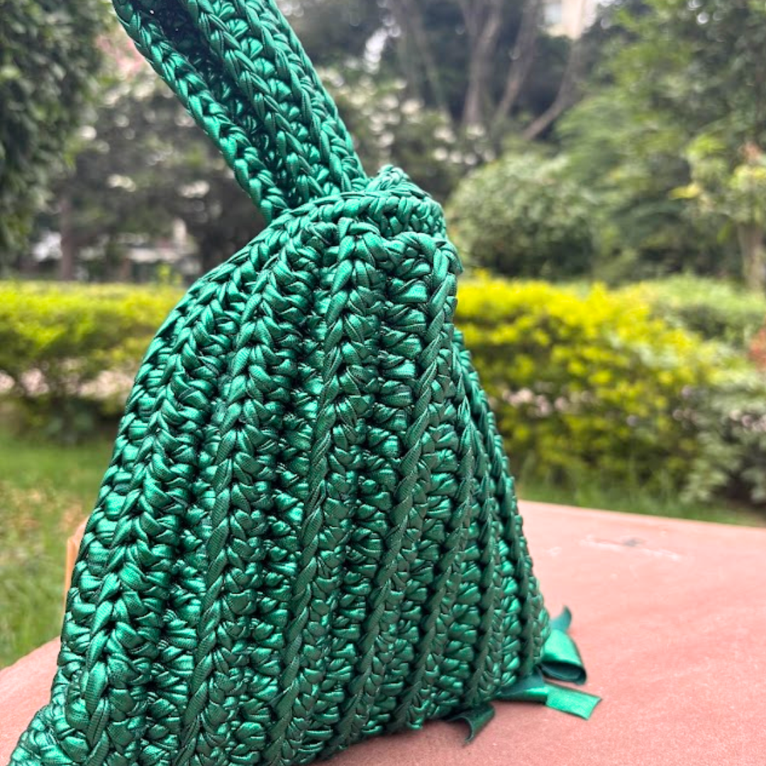 Shiroli Handmade Metallic Emerald Green - Japanese Knot Crochet Bag - Image 5