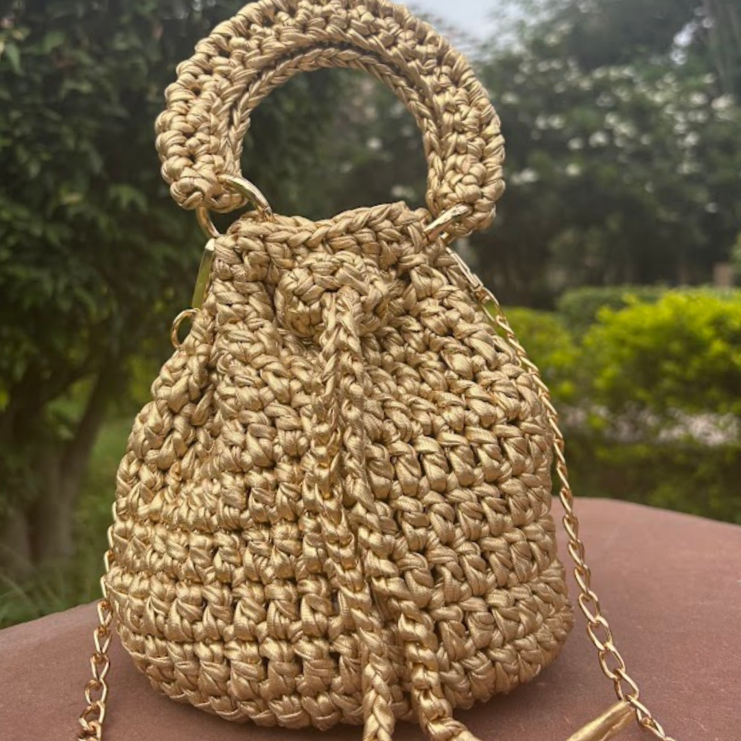 Shiroli Handmade Metallic Gold - Crochet Potli Bag- Image 1