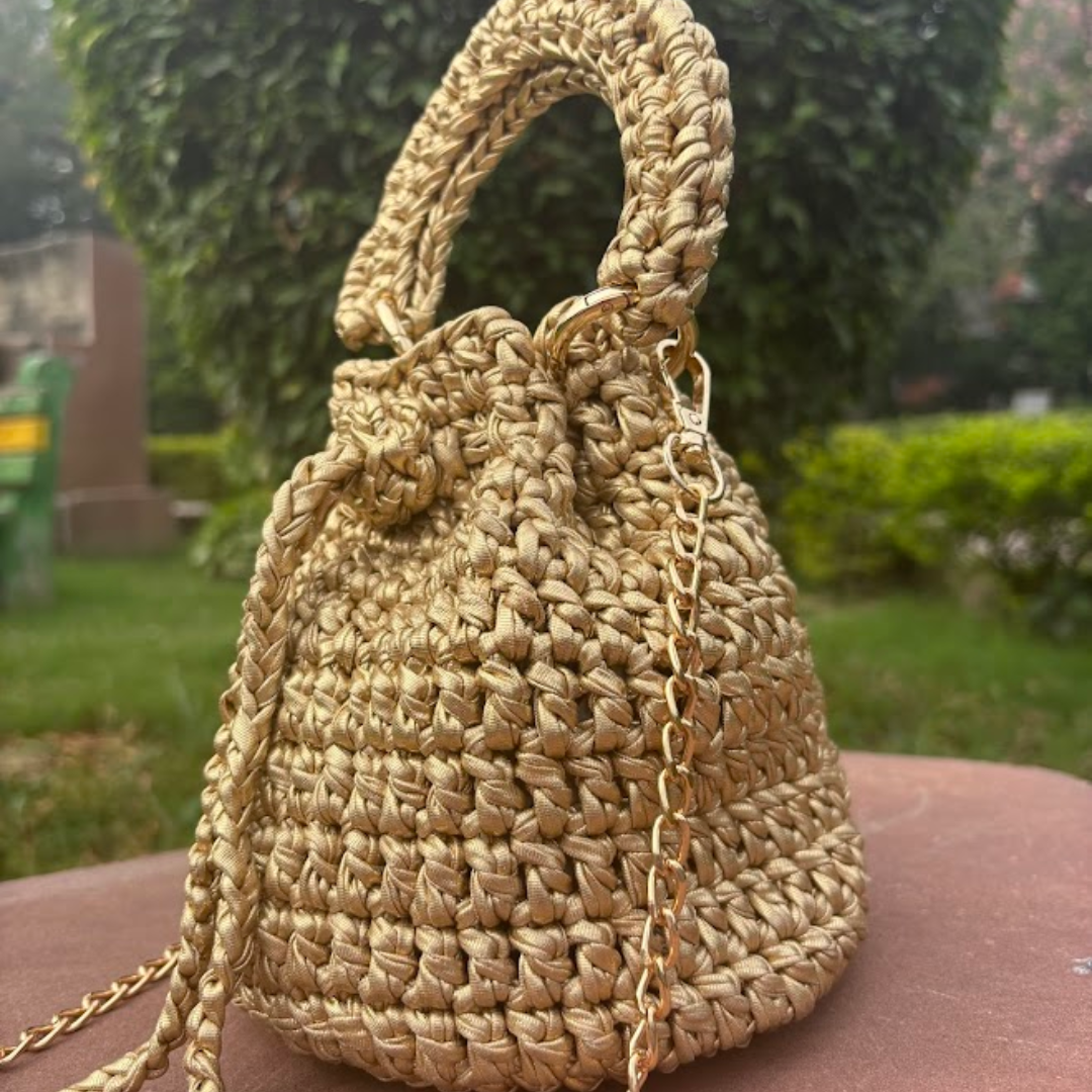 Shiroli Handmade Metallic Gold - Crochet Potli Bag- Image 3