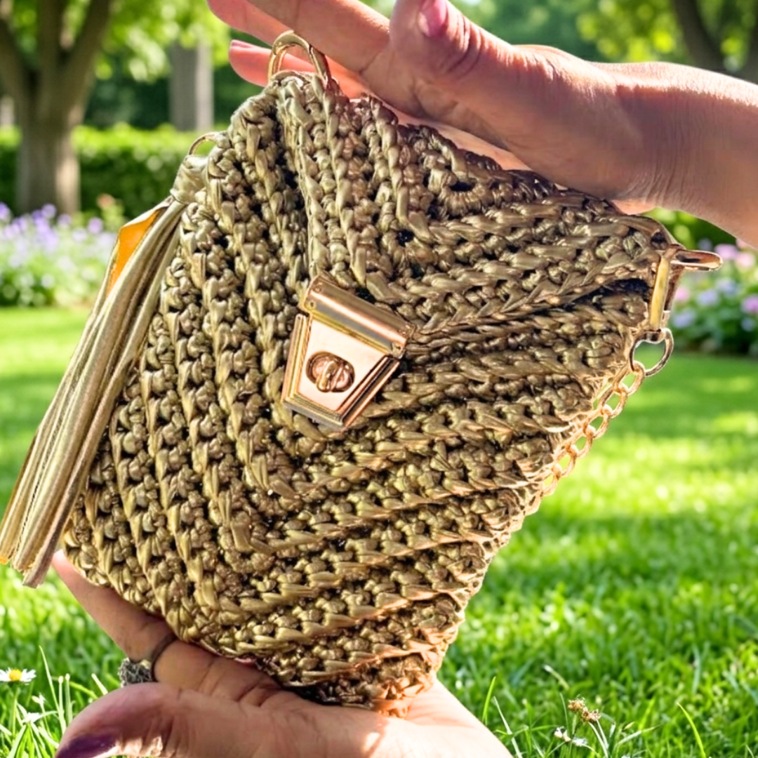 Shiroli Handmade Metallic Gold - Mobile Sling Crochet Bag - Image 6