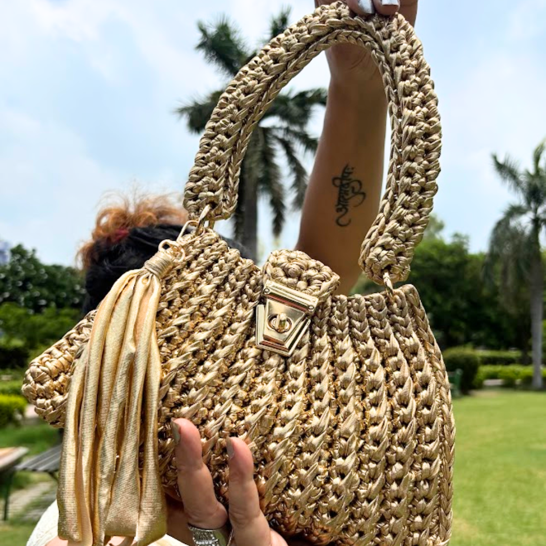 Shiroli Handmade Metallic Gold - Trapezoid Crochet Bag With Golden Lock- Image 1