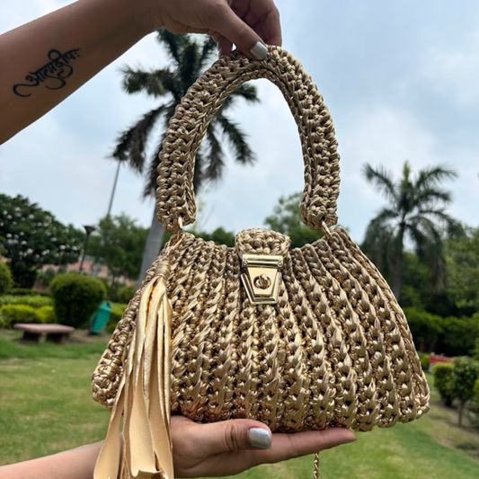 Shiroli Handmade Metallic Gold - Trapezoid Crochet Bag With Golden Lock- Image 2