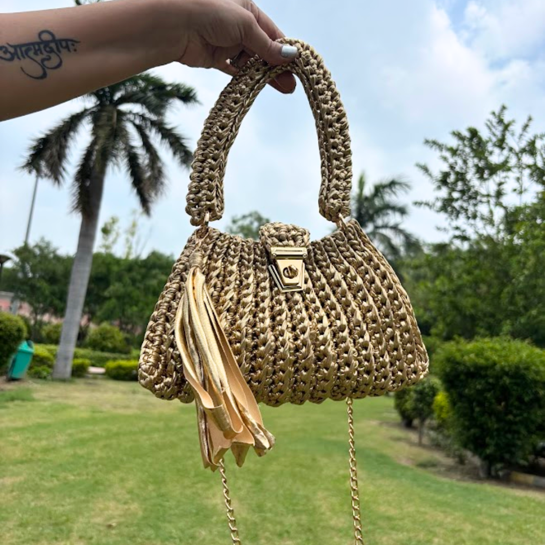Shiroli Handmade Metallic Gold - Trapezoid Crochet Bag With Golden Lock- Image 3