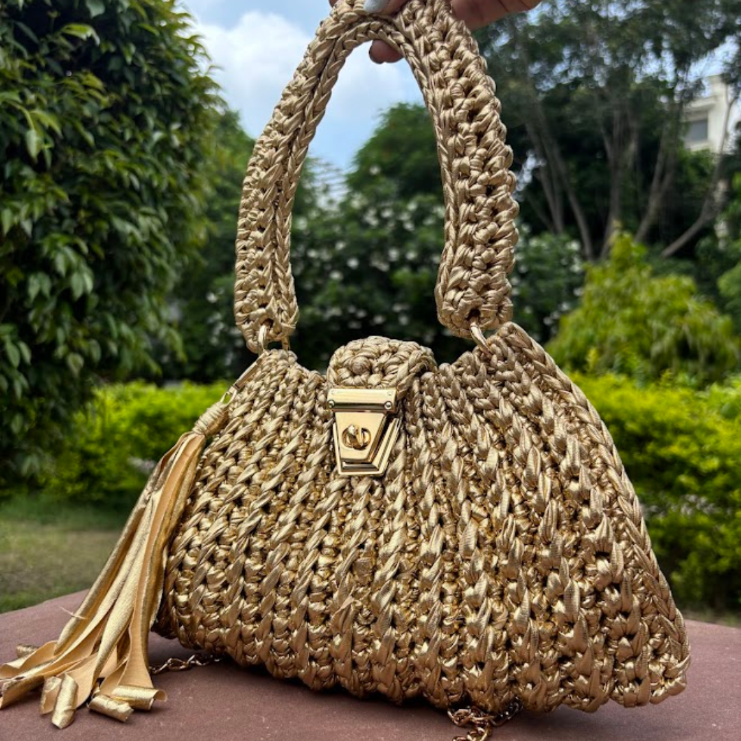 Shiroli Handmade Metallic Gold - Trapezoid Crochet Bag With Golden Lock- Image 6