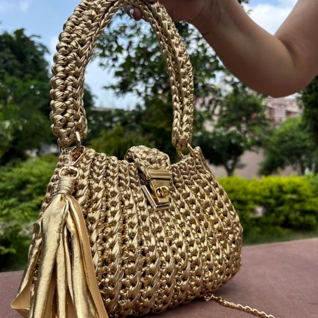 Shiroli Handmade Metallic Gold - Trapezoid Crochet Bag With Golden Lock- Image 7