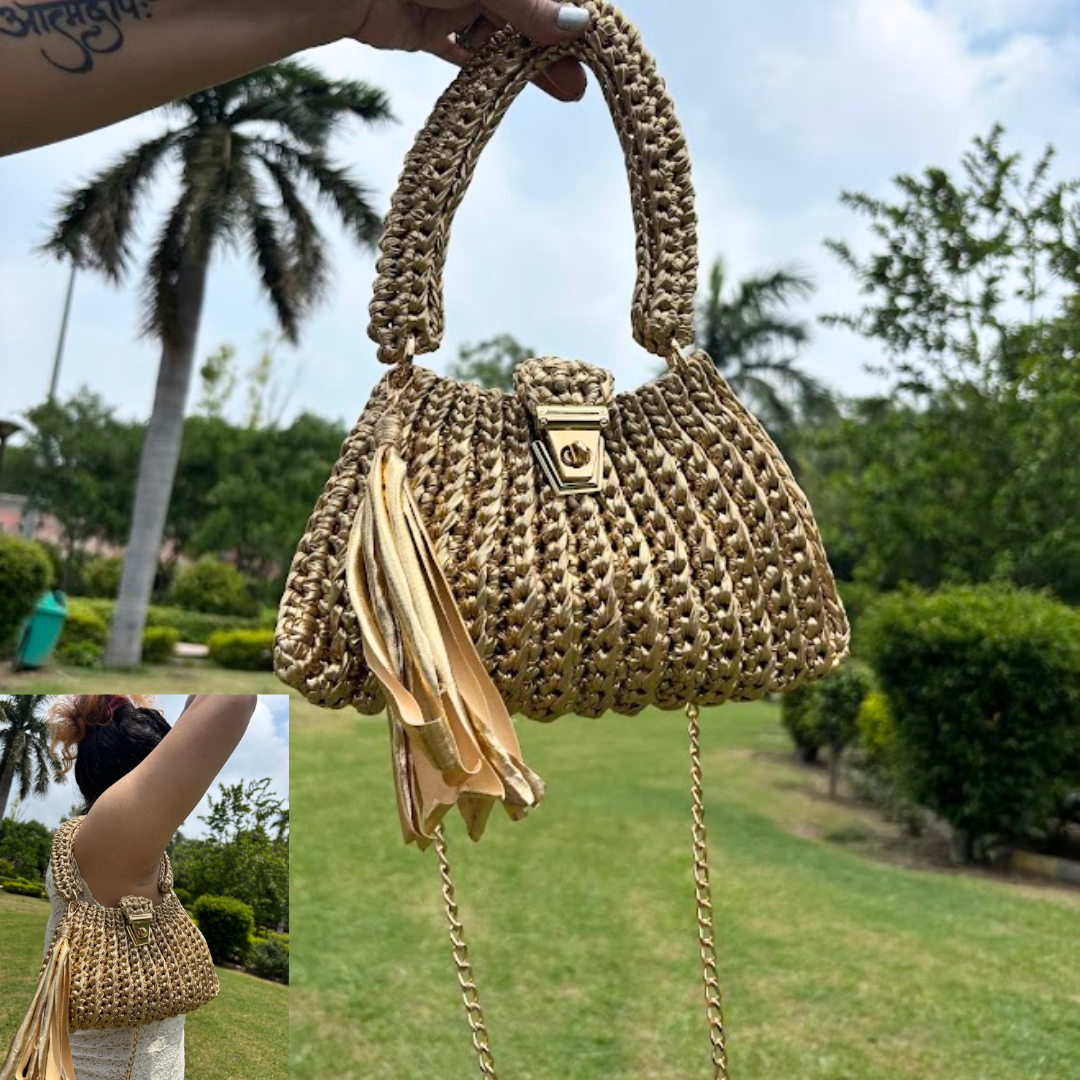Shiroli Handmade Metallic Gold - Trapezoid Crochet Bag With Golden Lock- Image 8