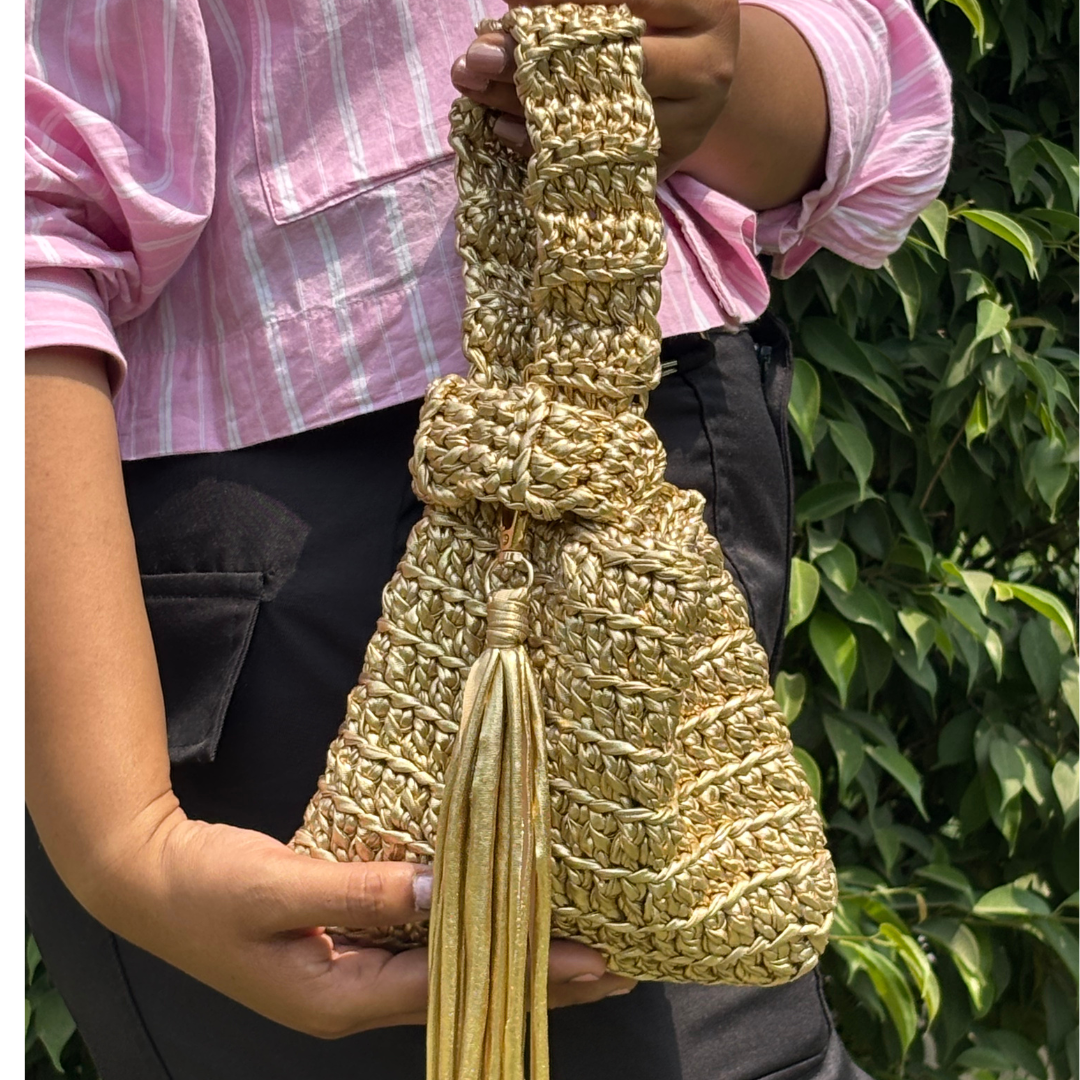 Shiroli Handmade Metallic Gold Japanese Knot Crochet Bag- Image 6