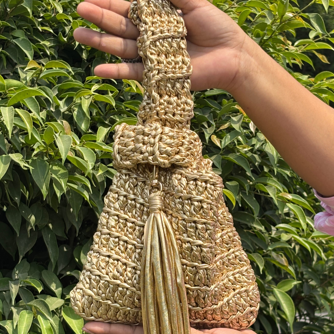 Shiroli Handmade Metallic Gold Japanese Knot Crochet Bag- Image 5