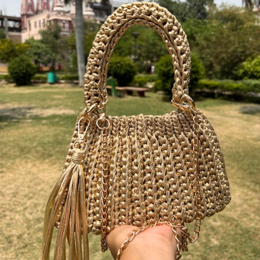 Shiroli Handmade Metallic Gold Trapezoid Crochet Bag- Image 1