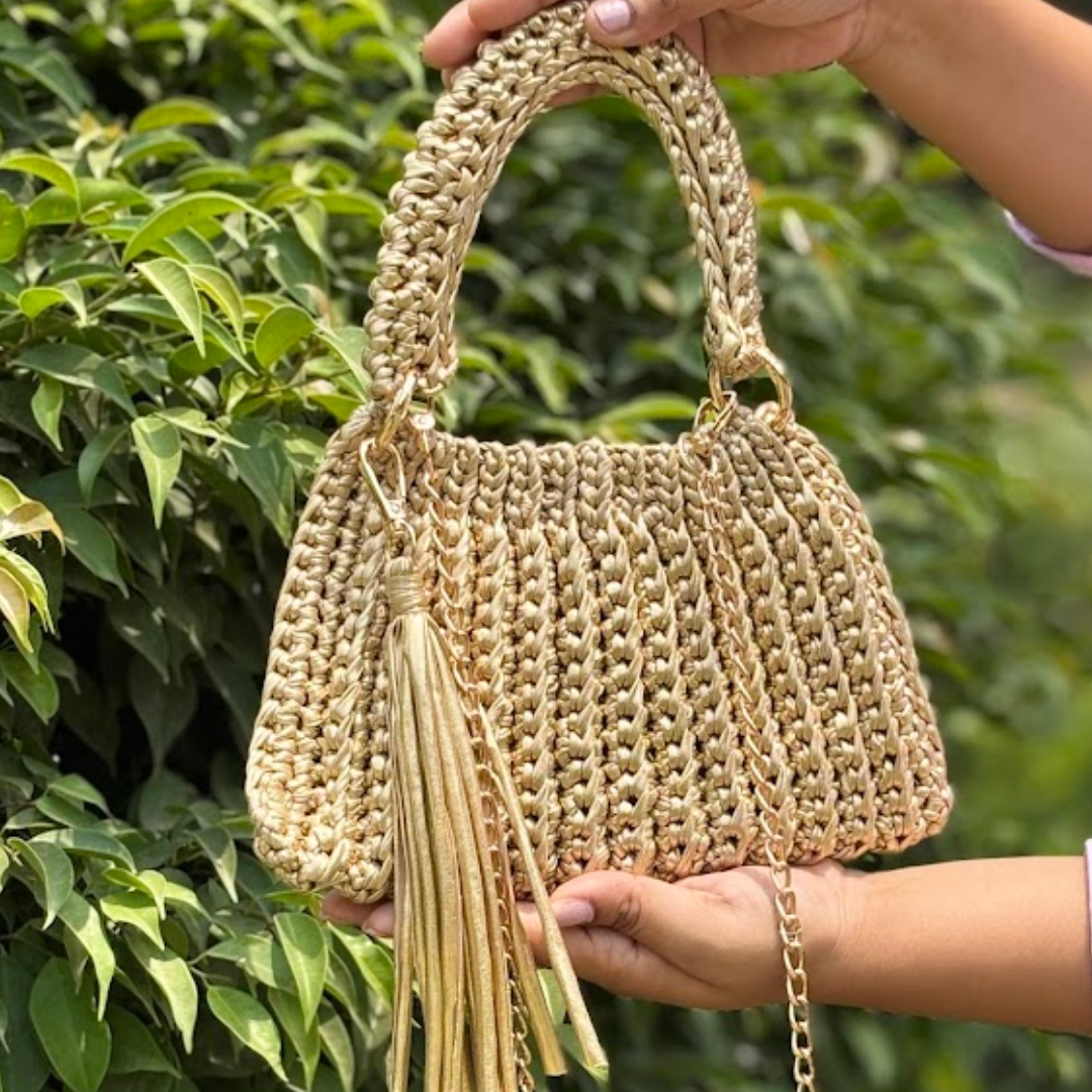 Shiroli Handmade Metallic Gold Trapezoid Crochet Bag- Image 2'