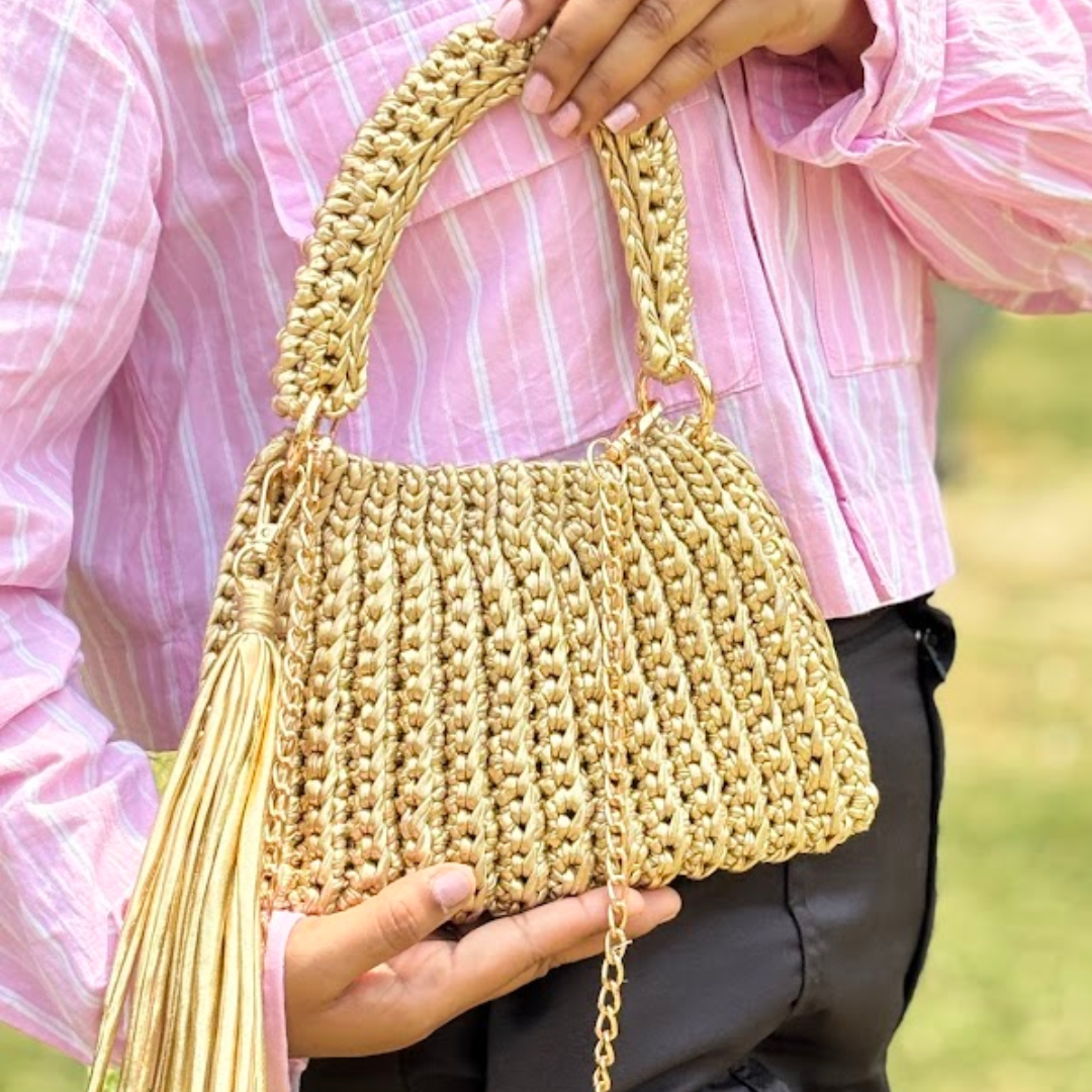 Shiroli Handmade Metallic Gold Trapezoid Crochet Bag- Image 3'