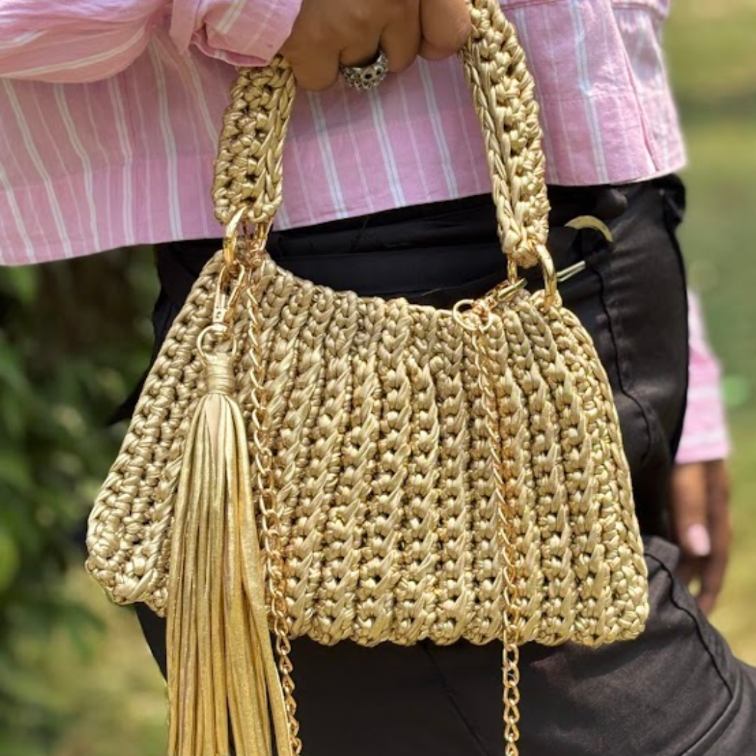 Shiroli Handmade Metallic Gold Trapezoid Crochet Bag- Image 4'