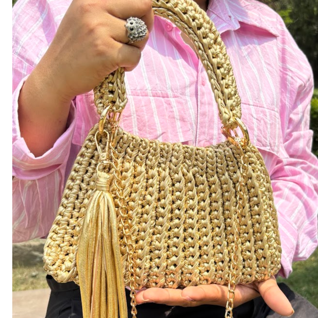 Shiroli Handmade Metallic Gold Trapezoid Crochet Bag- Image 5'