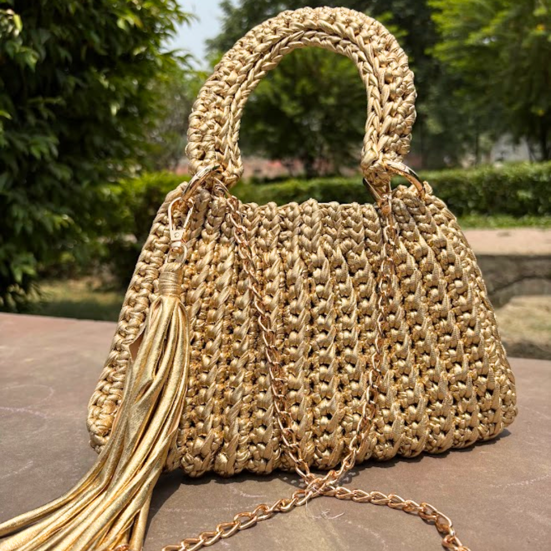 Shiroli Handmade Metallic Gold Trapezoid Crochet Bag- Image 6'