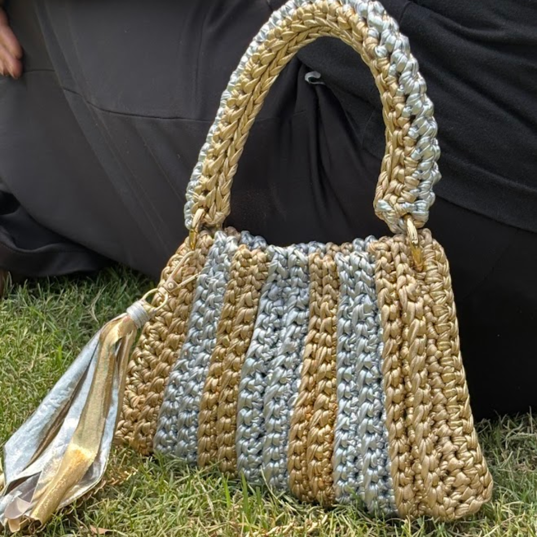 Shiroli Handmade Metallic Gold & Silver - Trapezoid Crochet Bag - Image 1