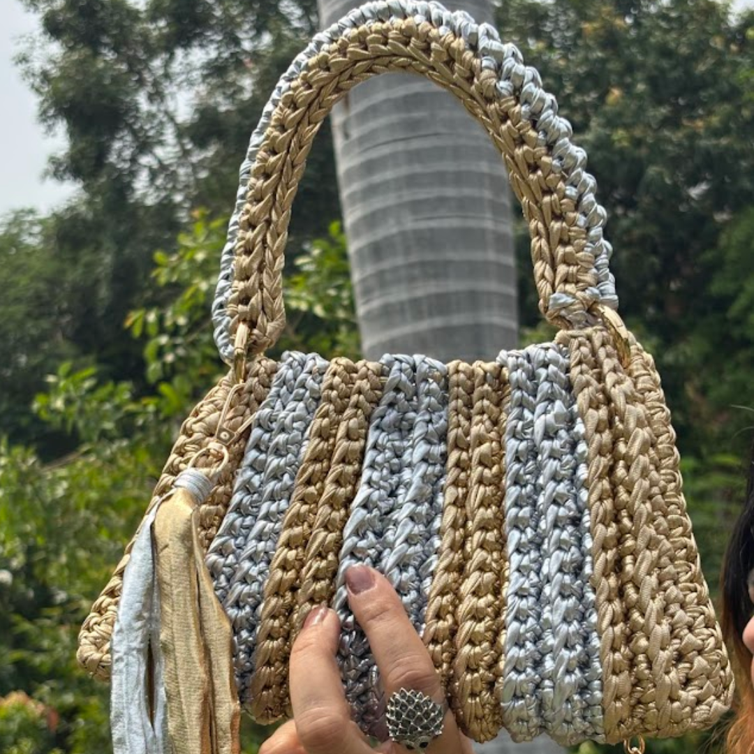 Shiroli Handmade Metallic Gold & Silver - Trapezoid Crochet Bag - Image 3
