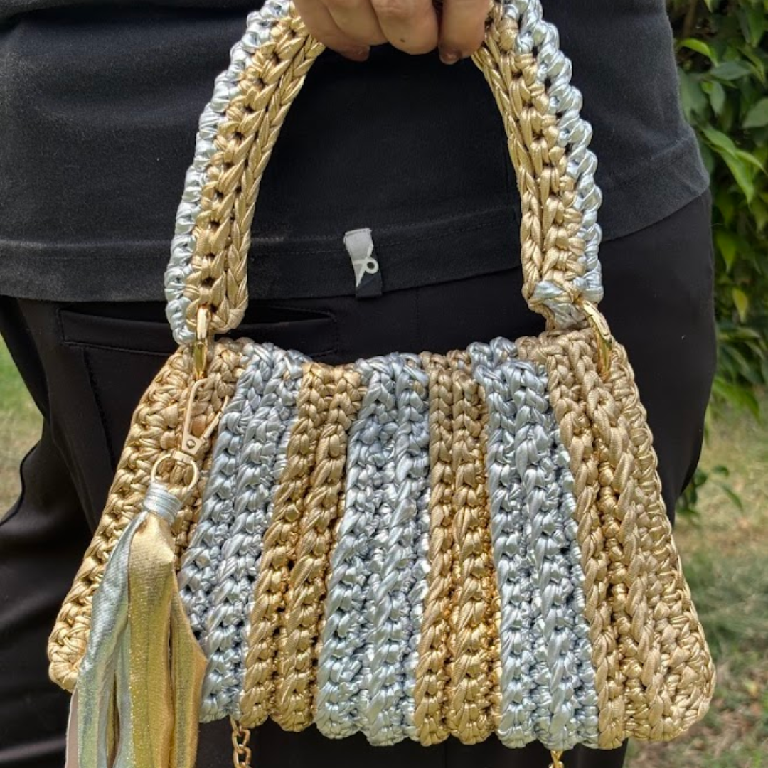 Shiroli Handmade Metallic Gold & Silver - Trapezoid Crochet Bag - Image 4