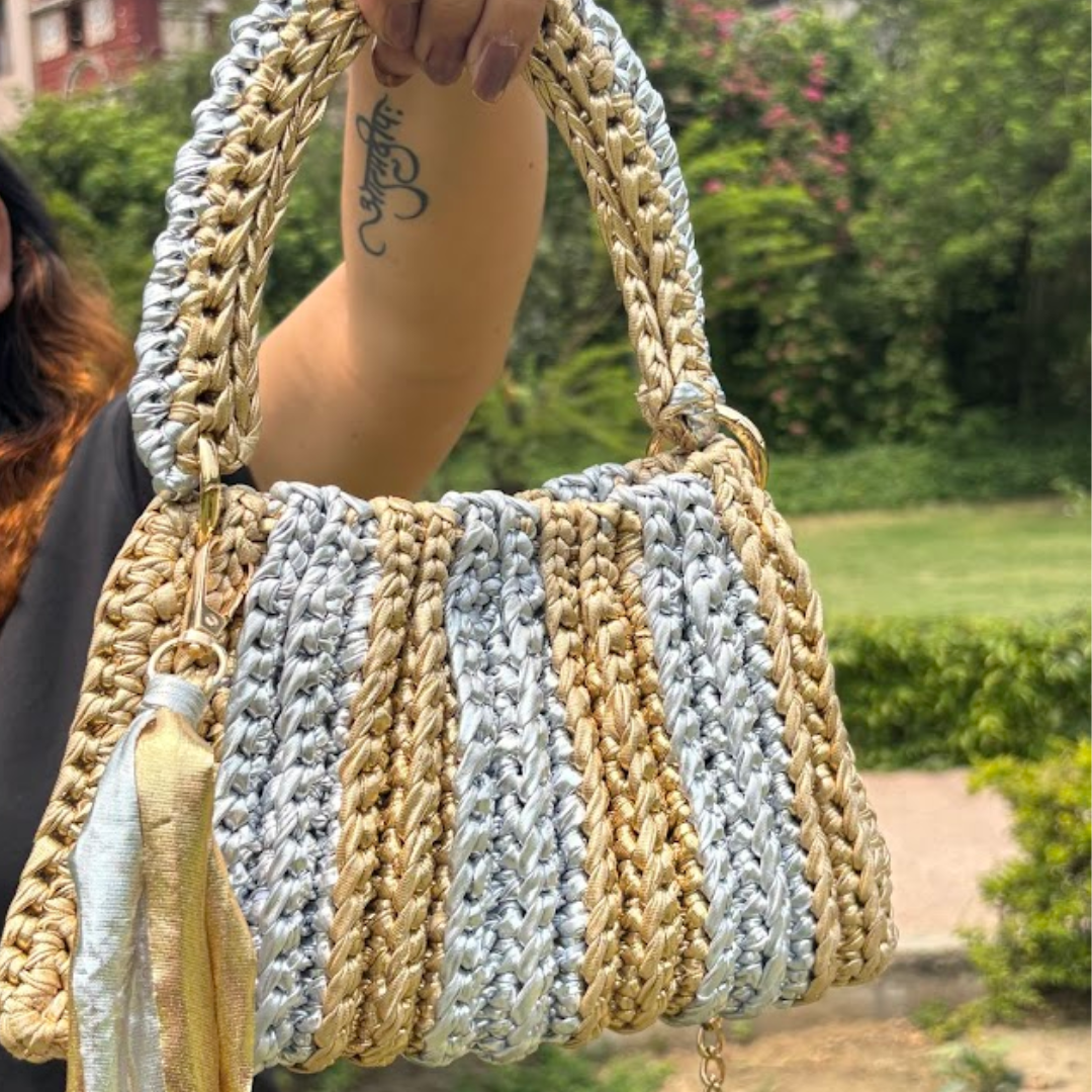 Shiroli Handmade Metallic Gold & Silver - Trapezoid Crochet Bag - Image 5