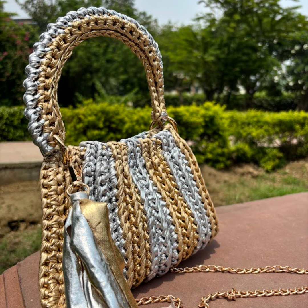 Shiroli Handmade Metallic Gold & Silver - Trapezoid Crochet Bag - Image 6