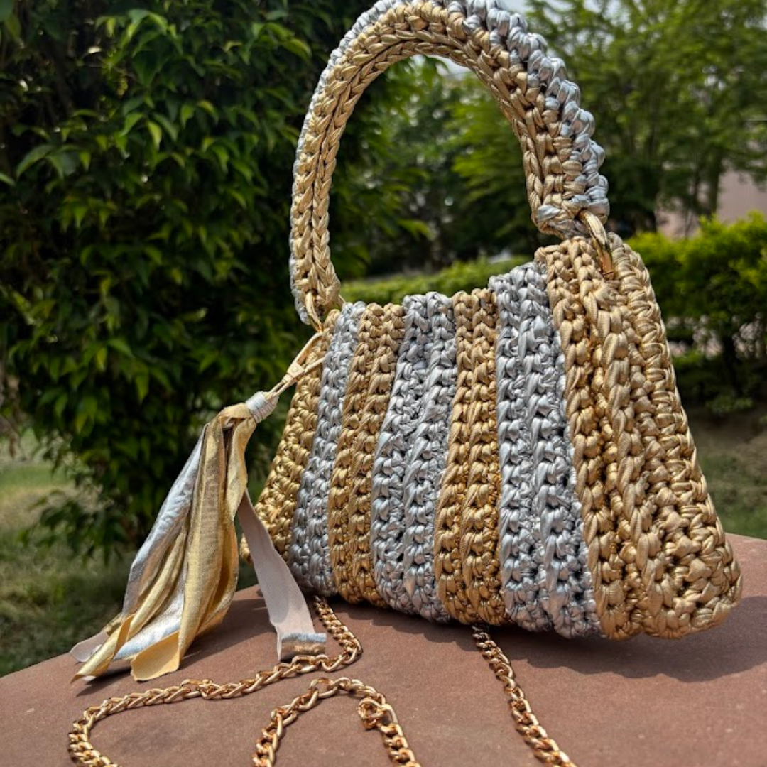 Shiroli Handmade Metallic Gold & Silver - Trapezoid Crochet Bag - Image 7