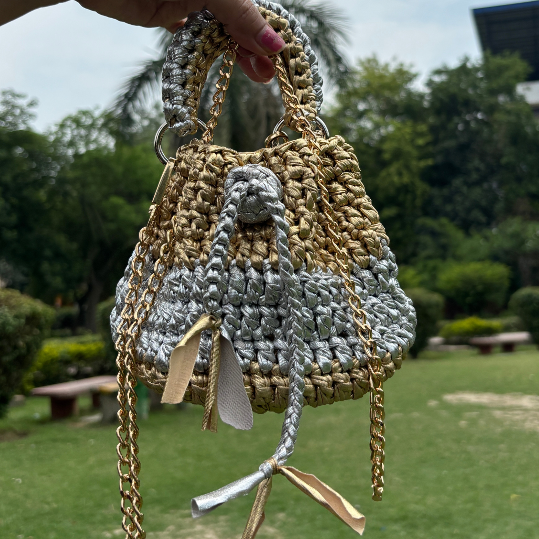 Shiroli Handmade Metallic Gold and Silver-  Potli Crochet Bag - Image 1
