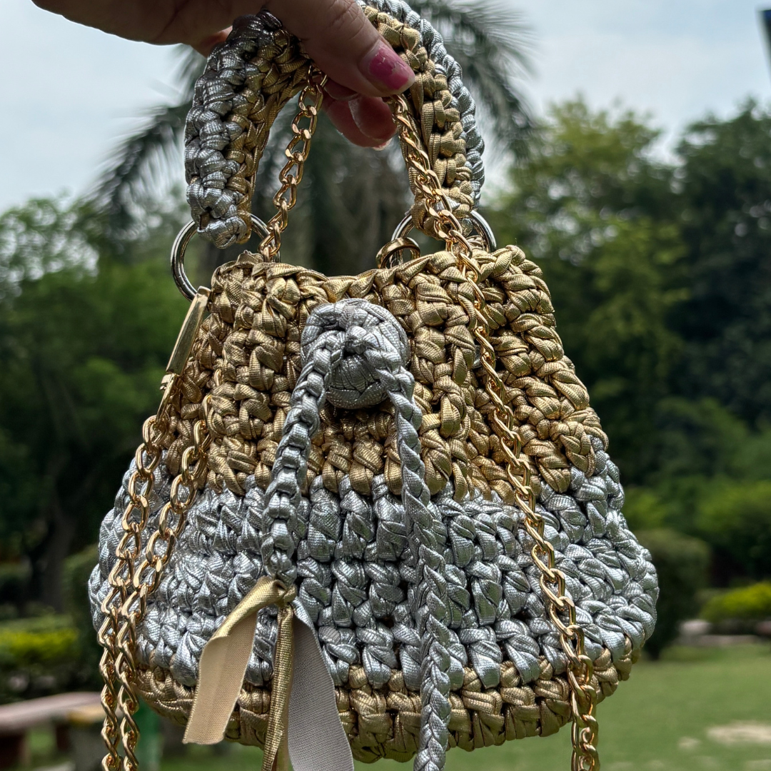 Shiroli Handmade Metallic Gold and Silver-  Potli Crochet Bag - Image 3