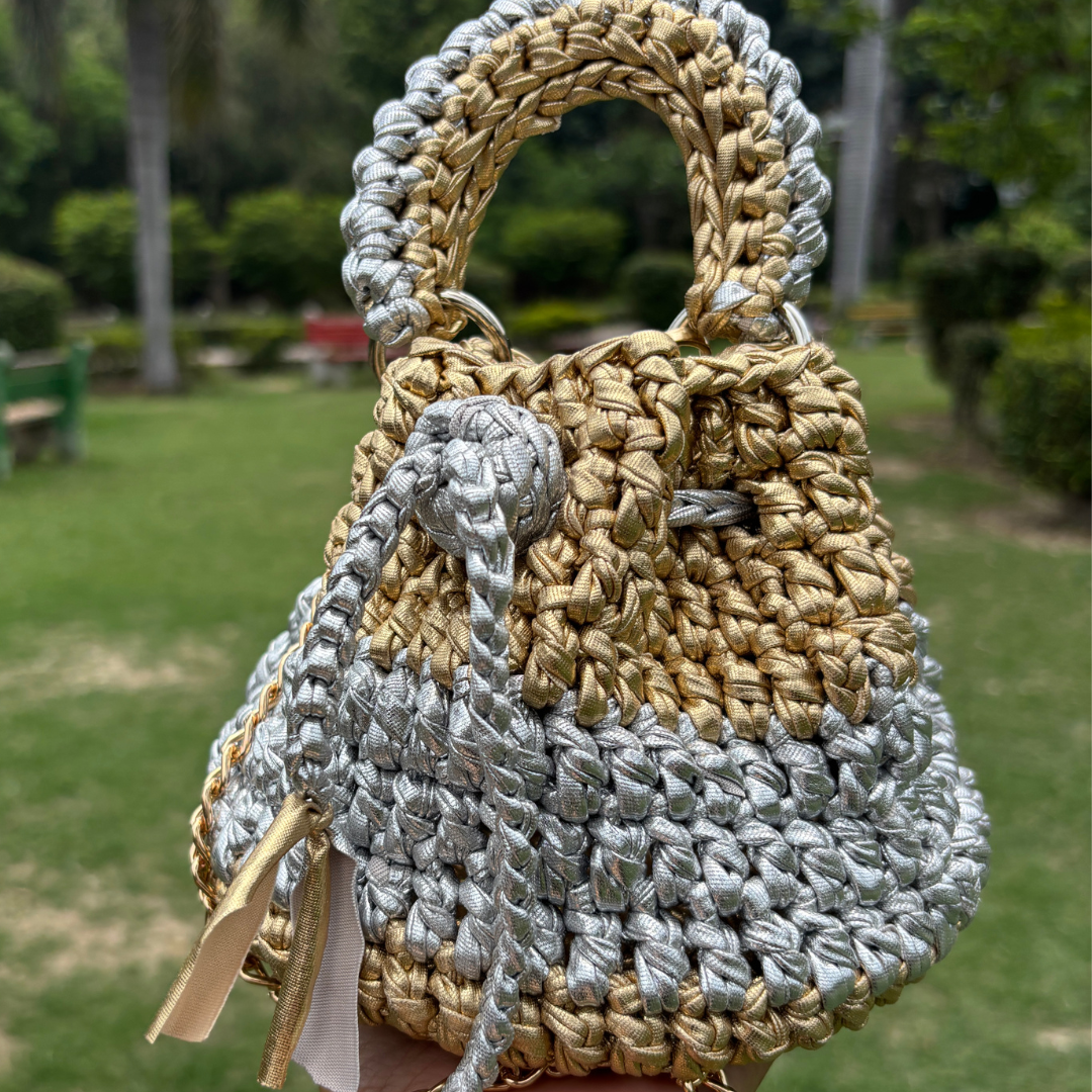 Shiroli Handmade Metallic Gold and Silver-  Potli Crochet Bag - Image 4
