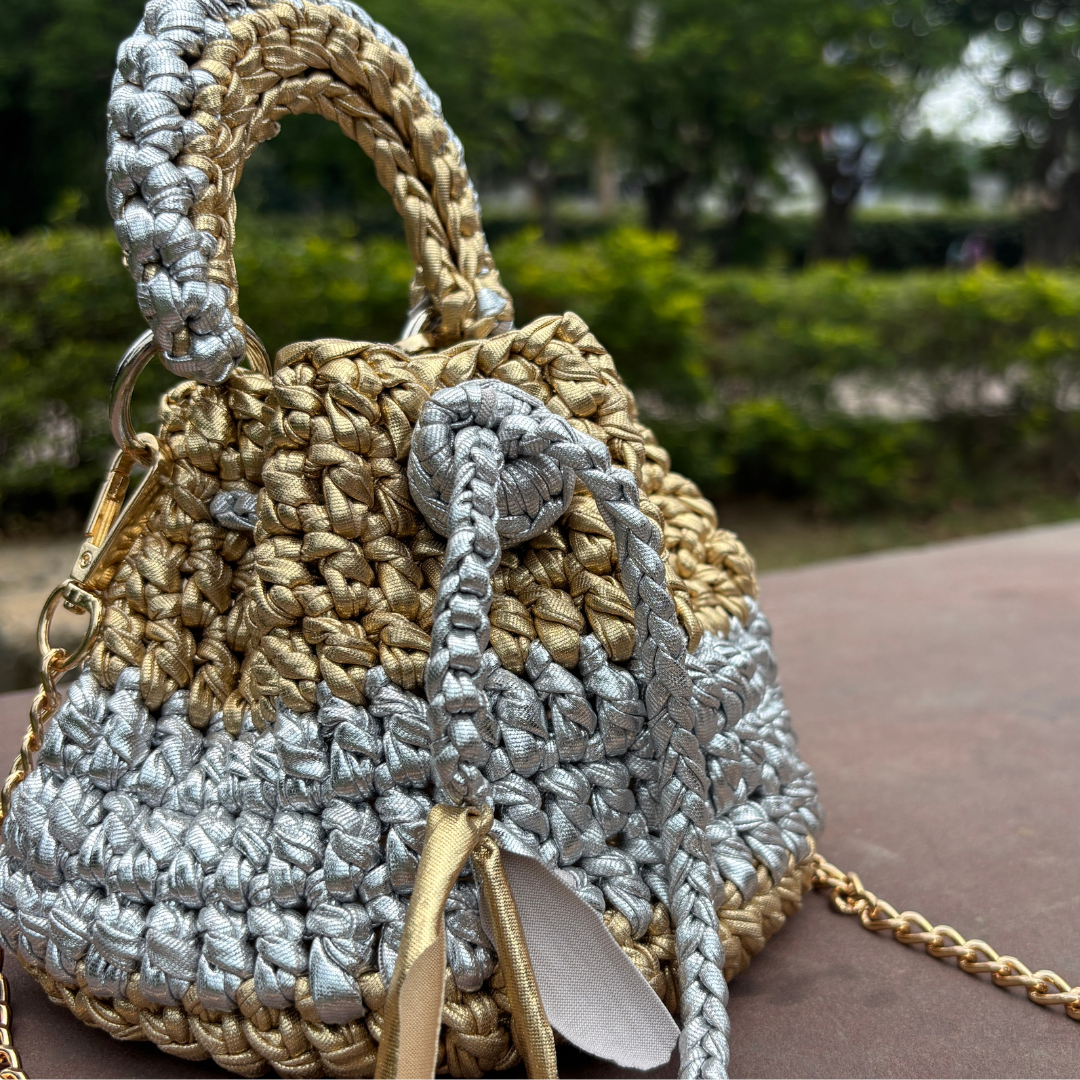 Shiroli Handmade Metallic Gold and Silver-  Potli Crochet Bag - Image 5