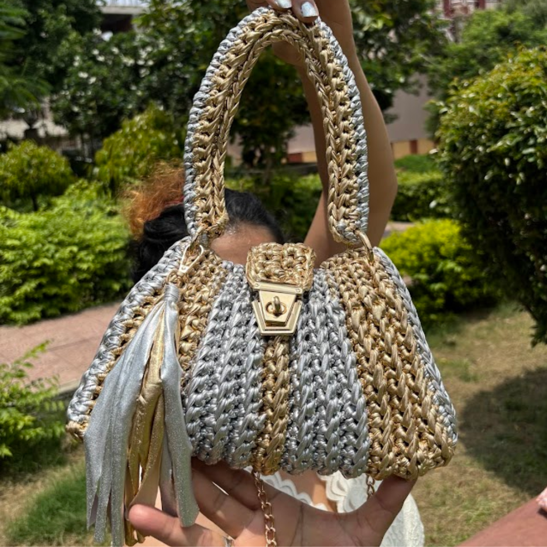 Shiroli Handmade Metallic Gold n Silver - Trapezoid Crochet Bag With Golden Lock- Image 4