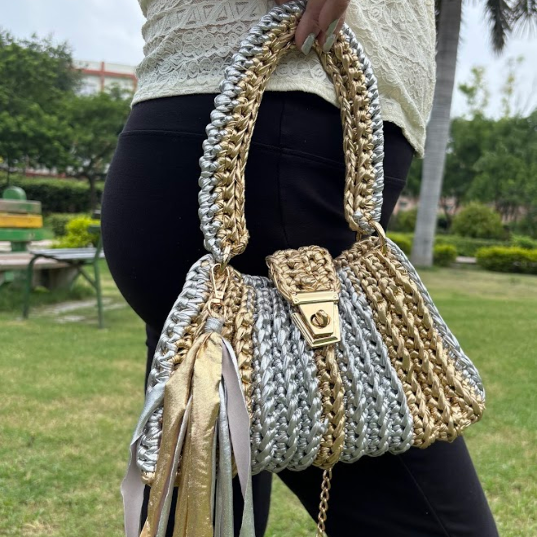 Shiroli Handmade Metallic Gold n Silver - Trapezoid Crochet Bag With Golden Lock- Image 2