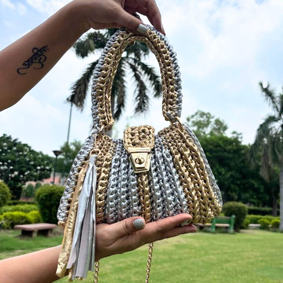 Shiroli Handmade Metallic Gold n Silver - Trapezoid Crochet Bag With Golden Lock- Image 3