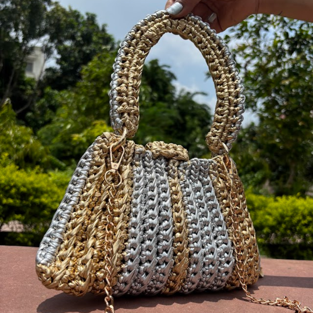 Shiroli Handmade Metallic Gold n Silver - Trapezoid Crochet Bag With Golden Lock- Image 7