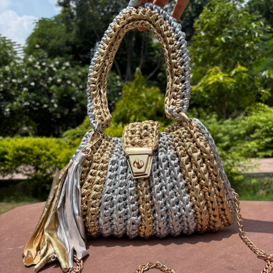 Shiroli Handmade Metallic Gold n Silver - Trapezoid Crochet Bag With Golden Lock- Image 5
