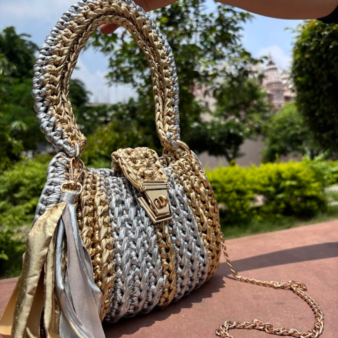 Shiroli Handmade Metallic Gold n Silver - Trapezoid Crochet Bag With Golden Lock- Image6