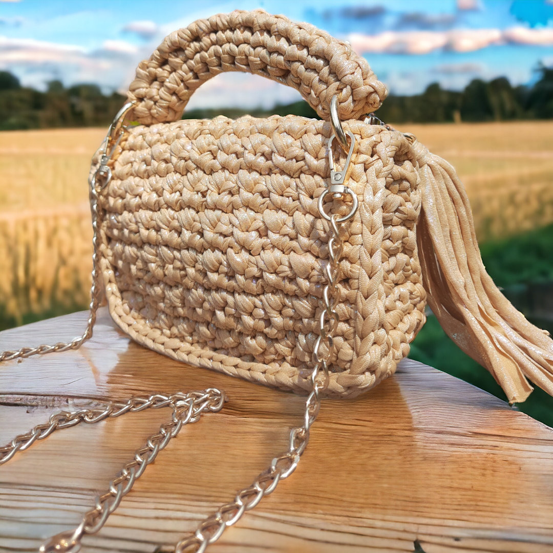 Shiroli Handmade Metallic Magic Beige Crochet Bag - Image 2