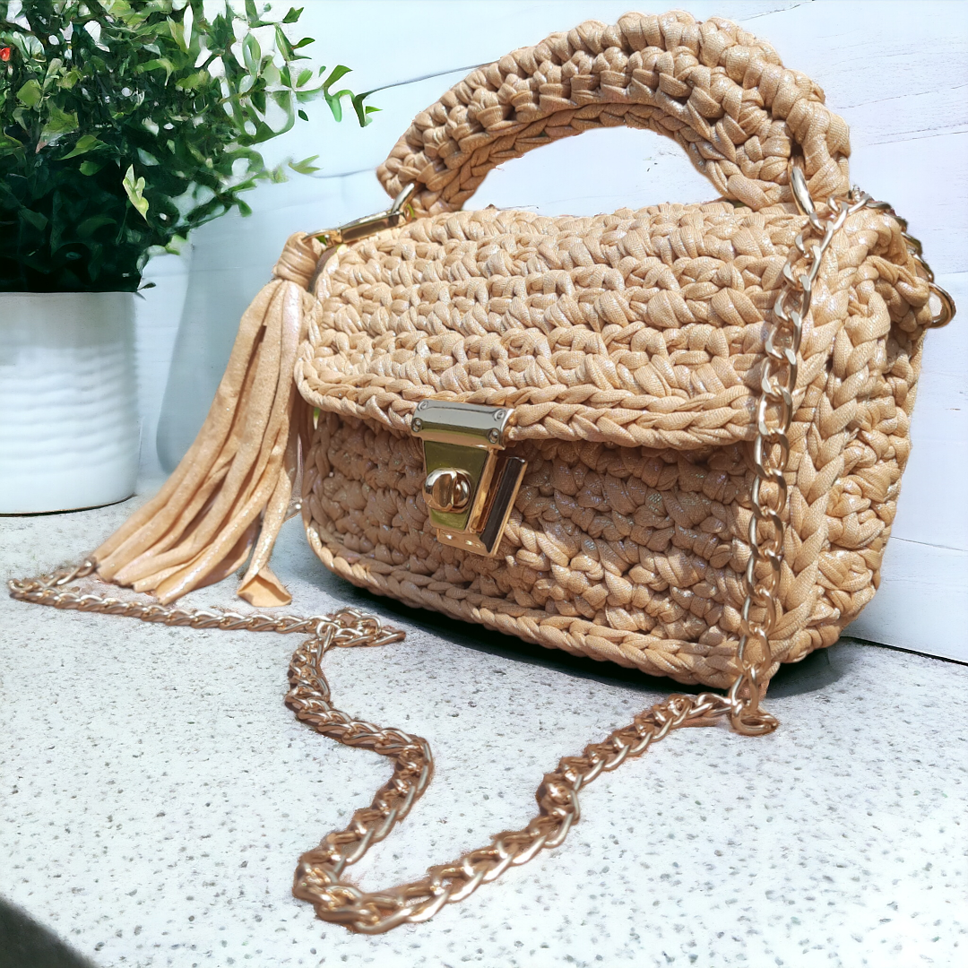 Shiroli Handmade Metallic Magic Beige Crochet Bag - Image 3
