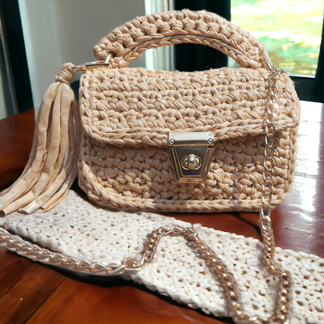 Shiroli Handmade Metallic Magic Beige Crochet Bag - Image 4