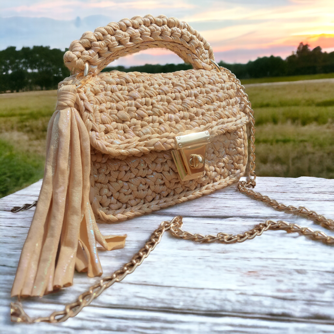 Shiroli Handmade Metallic Magic Beige Crochet Bag - Image 6