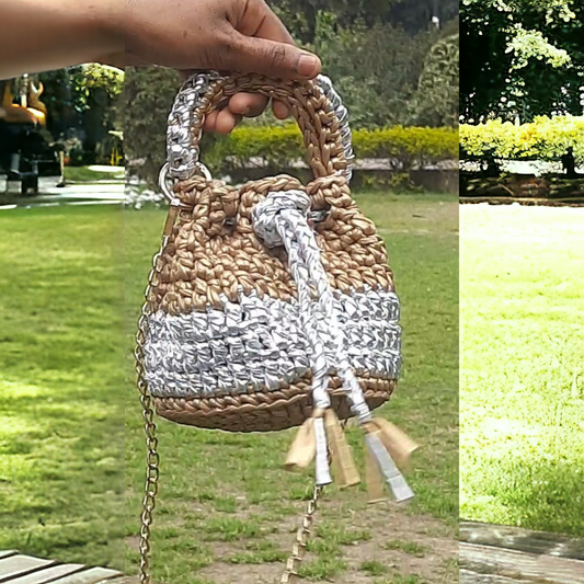 Shiroli Handmade Metallic Mud Gold and Silver Potli crochet Bag - Image 1