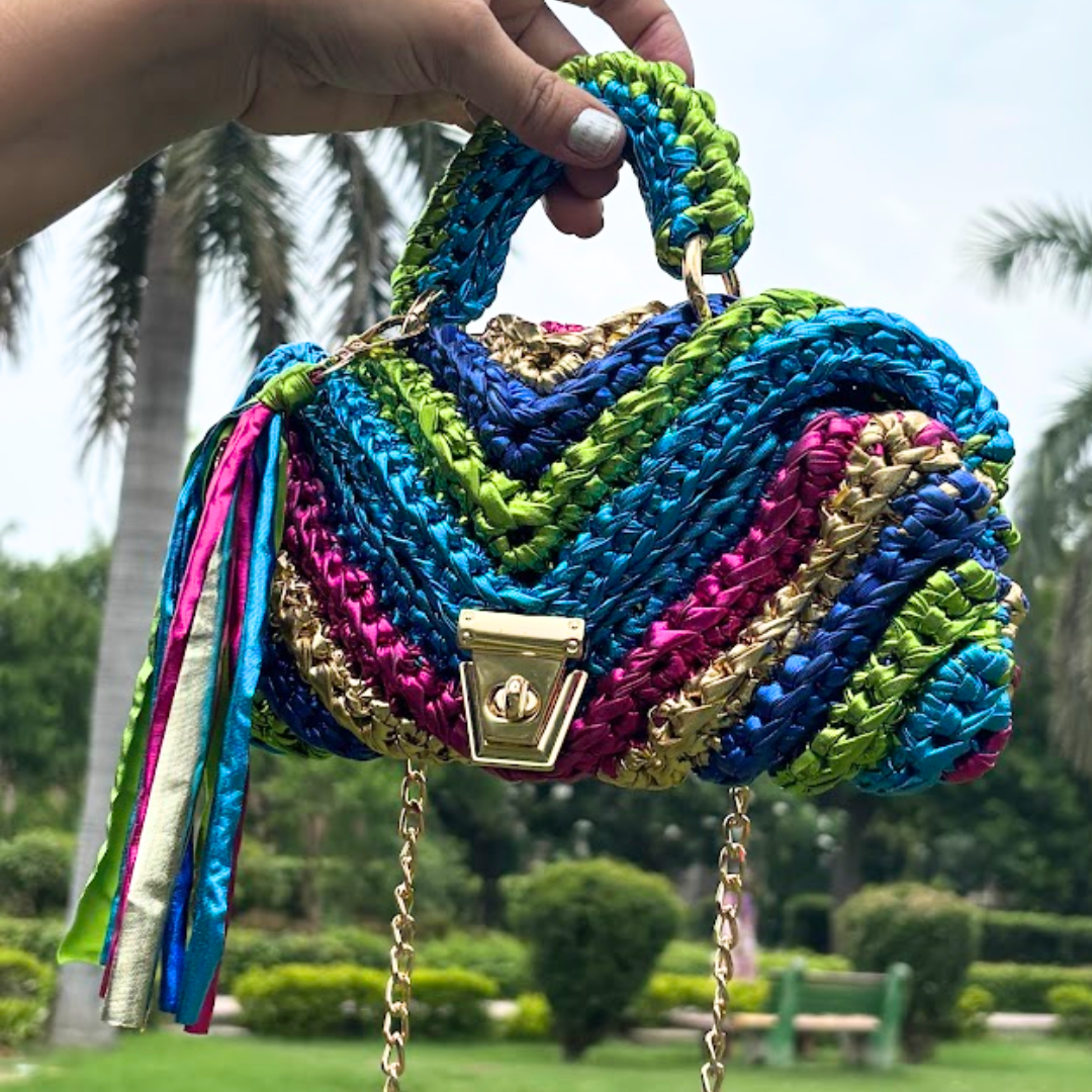 Shiroli Handmade Metallic Particolored- Braided Crochet Bag- Image 4