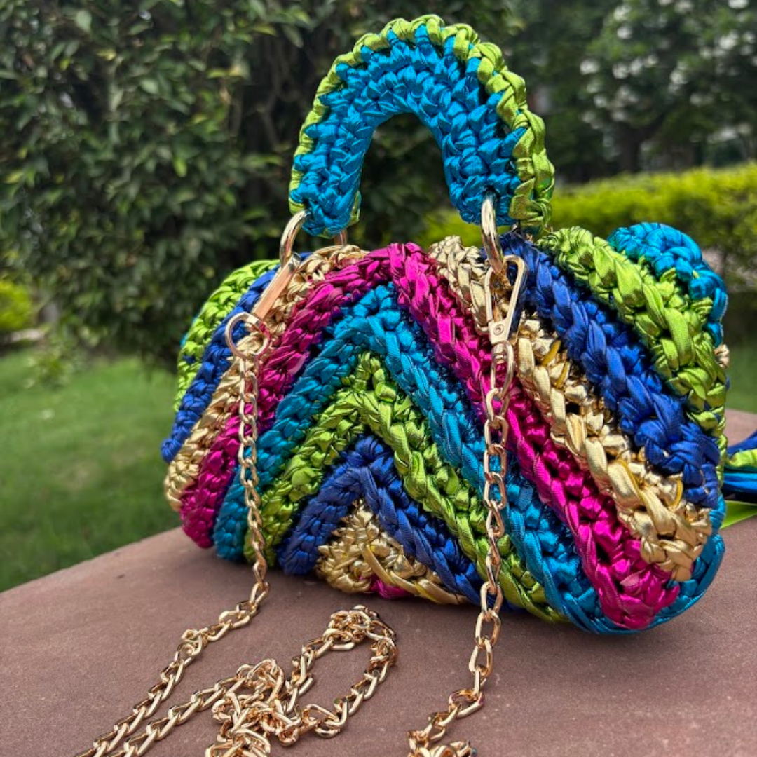 Shiroli Handmade Metallic Particolored- Braided Crochet Bag- Image 3