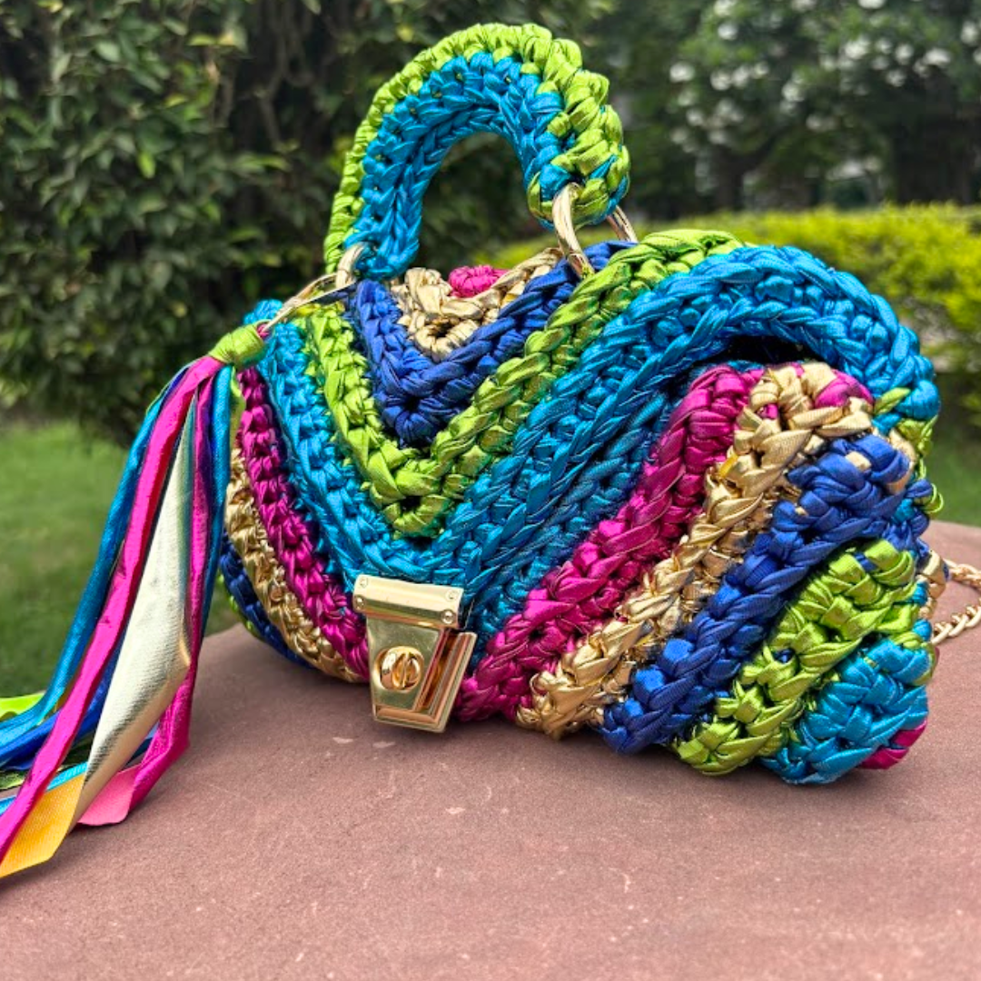 Shiroli Handmade Metallic Particolored- Braided Crochet Bag- Image 2