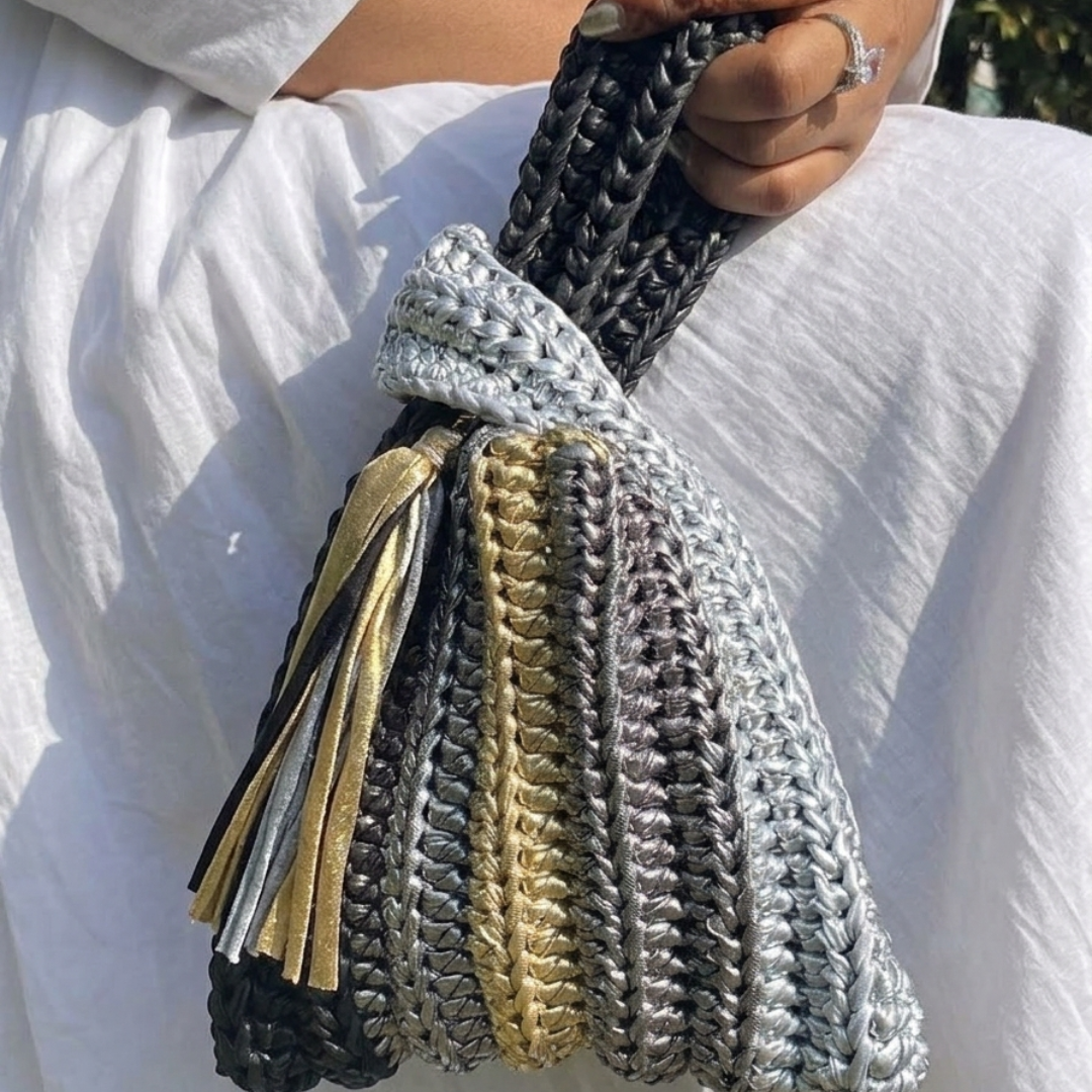 Shiroli Handmade Metallic Platinum Muse - Japanese Knot Crochet Bag- Image 3