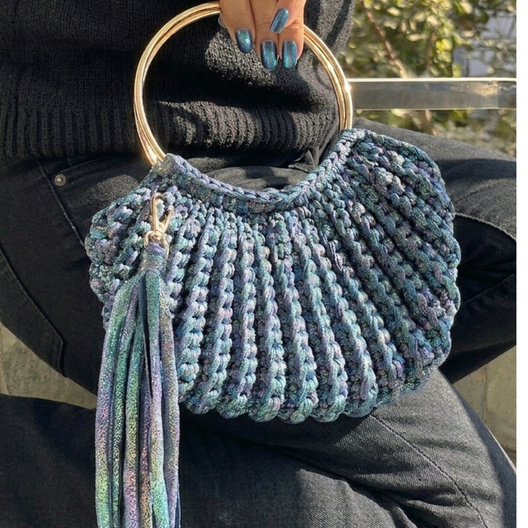 Shiroli Handmade Metallic Prismatic Blue - Luxe Crochet Bag - Image 5