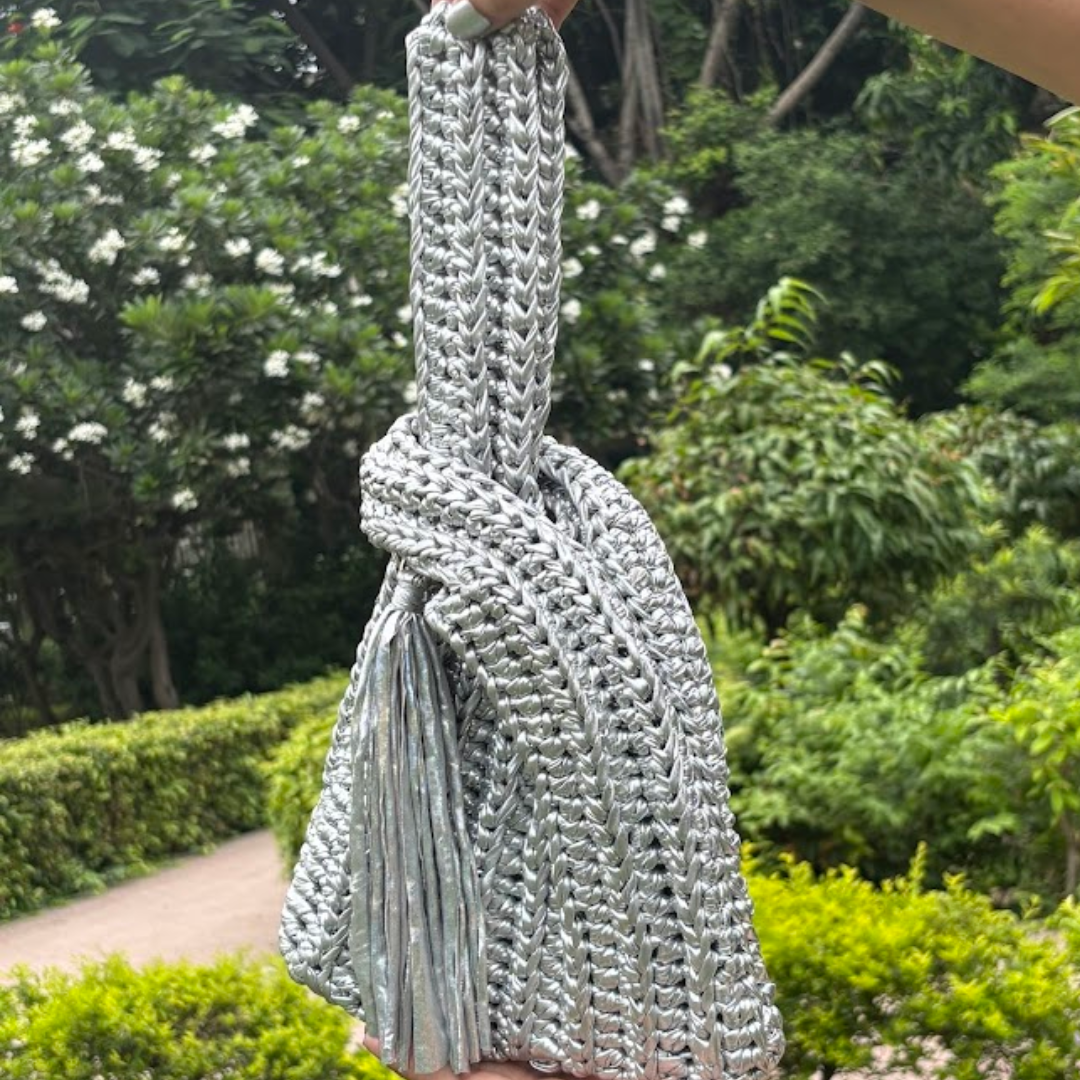 Shiroli Handmade Metallic Silver - Japanese Knot Crochet Bag- Image 2