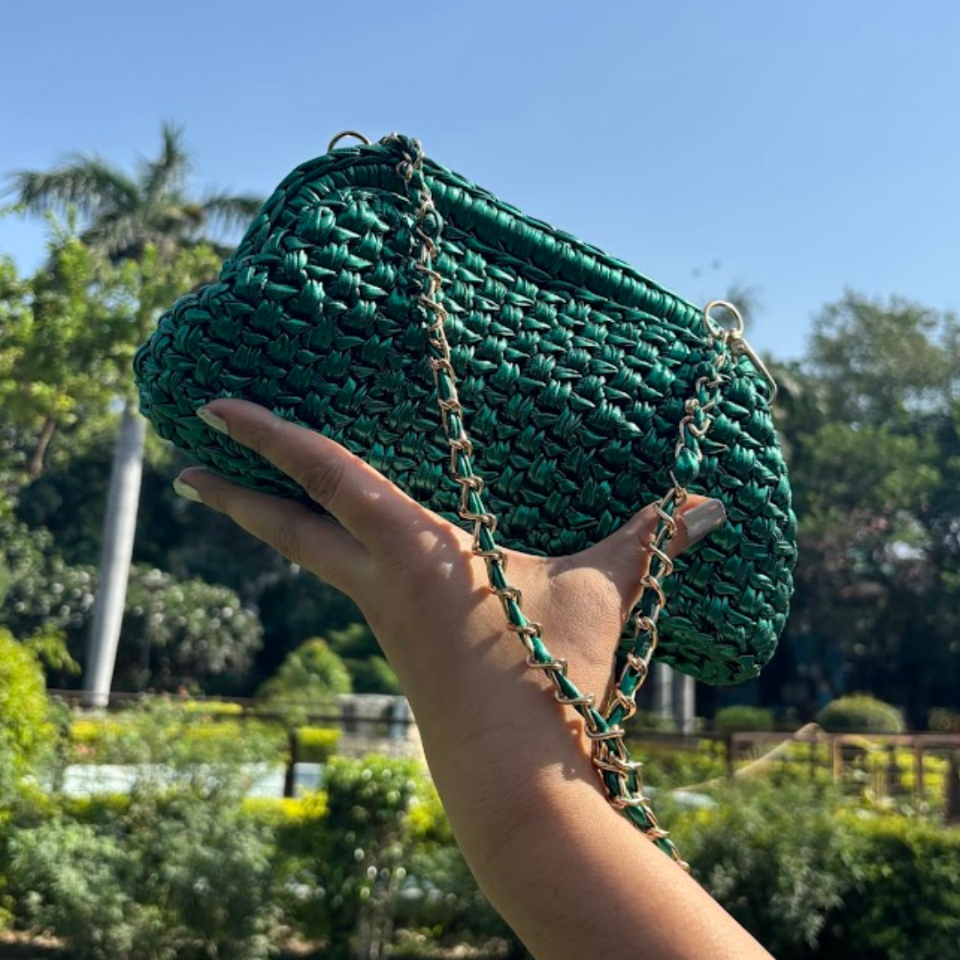 Shiroli Handmade Designer Metallic Emerald Green - Clutch Crochet Bag- Image 2