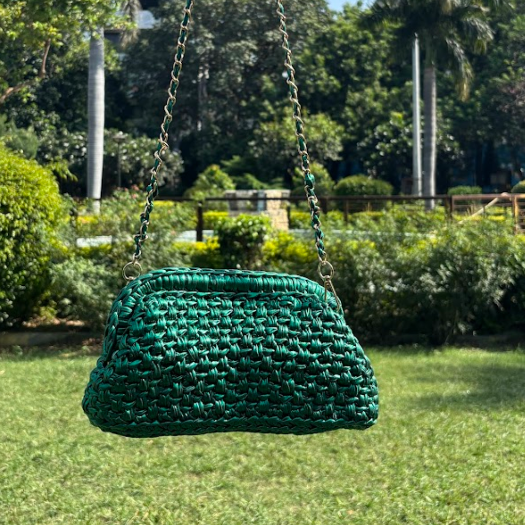 Shiroli Handmade Designer Metallic Emerald Green - Clutch Crochet Bag- Image 3