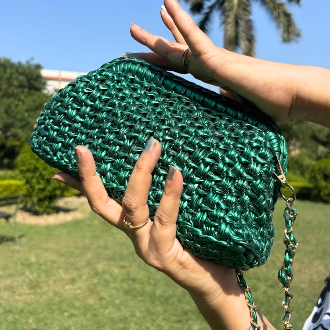 Shiroli Handmade Designer Metallic Emerald Green - Clutch Crochet Bag- Image 4