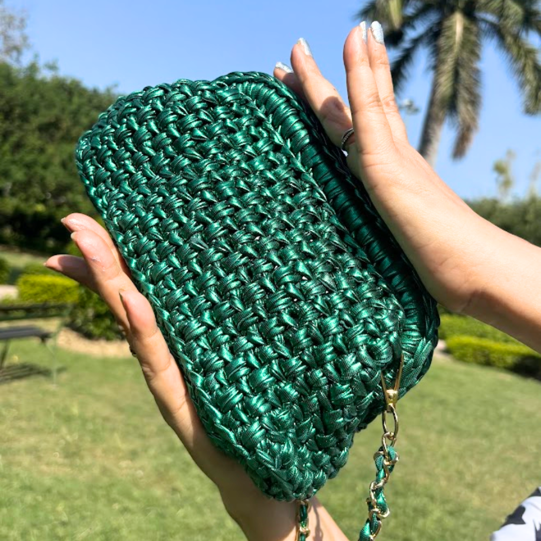 Shiroli Handmade Designer Metallic Emerald Green - Clutch Crochet Bag- Image 6