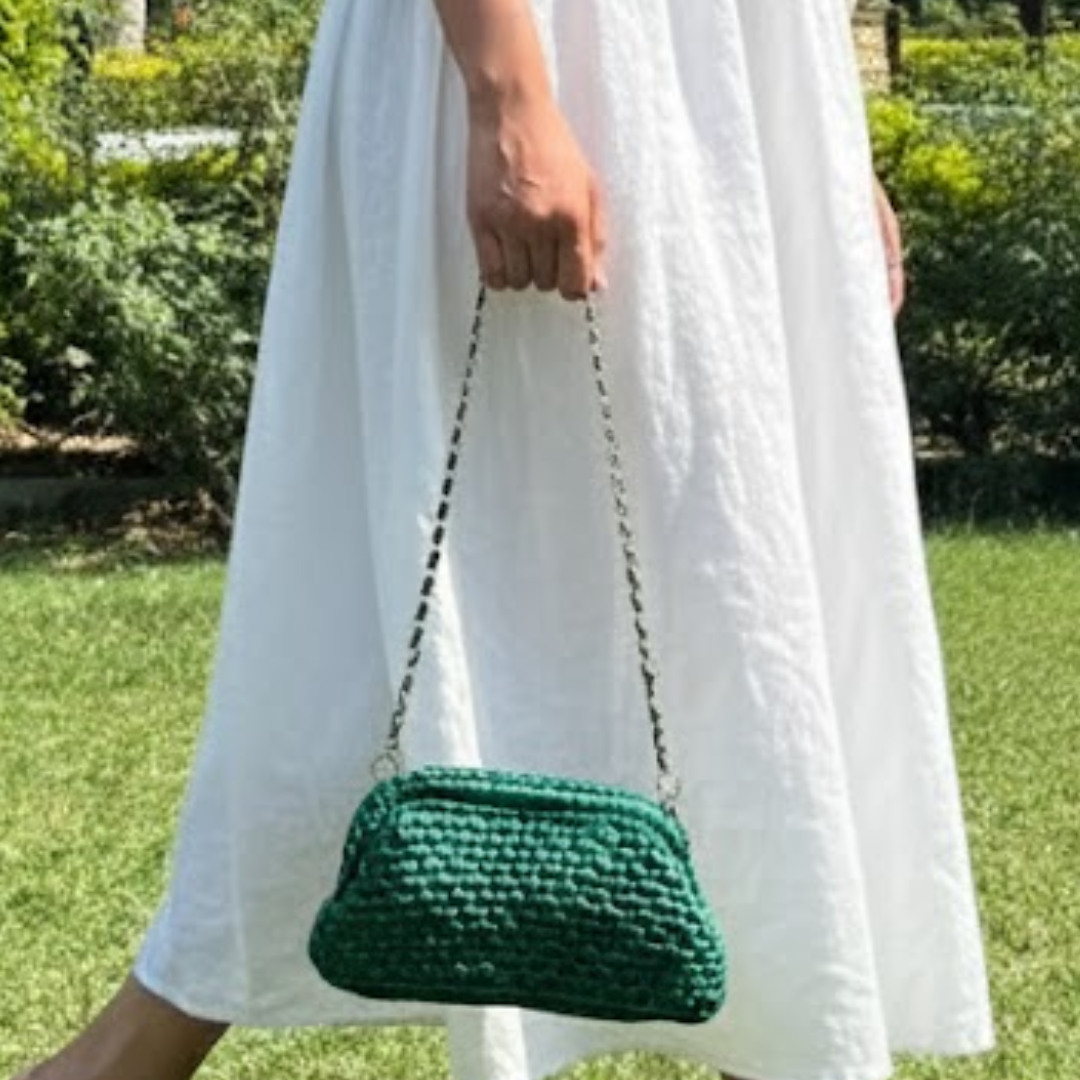 Shiroli Handmade Designer Metallic Emerald Green - Clutch Crochet Bag- Image 9
